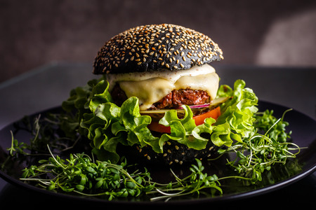 Homemade tasty hamburger with beef, cheese and caramelized onions.の写真素材