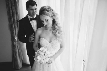 lovely wedding couple walking on their wedding day