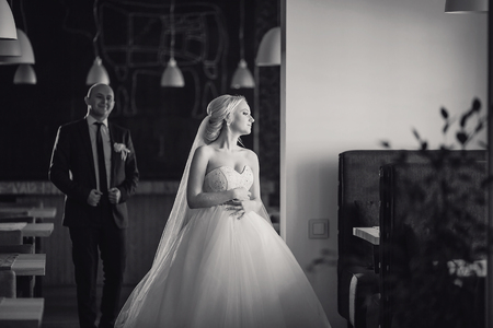 wonderful wedding day couple much happiness joy sun all in black and whiteの写真素材