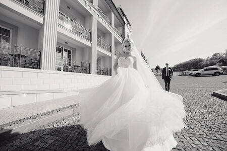 wonderful wedding day couple much happiness joy sun all in black and whiteの写真素材