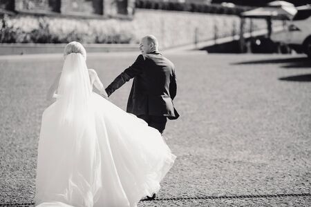 wonderful wedding day couple much happiness joy sun all in black and whiteの写真素材