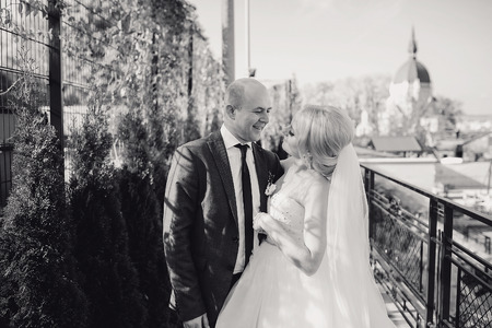 wonderful wedding day couple much happiness joy sun all in black and whiteの写真素材