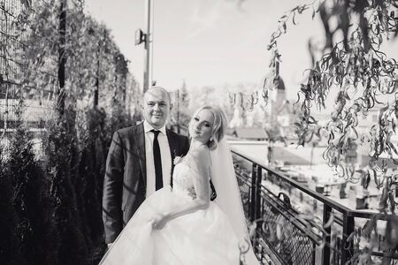 wonderful wedding day couple much happiness joy sun all in black and whiteの写真素材
