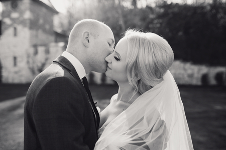wonderful wedding day couple much happiness joy sun all in black and whiteの写真素材