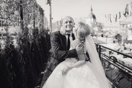 wonderful wedding day couple much happiness joy sun all in black and whiteの写真素材