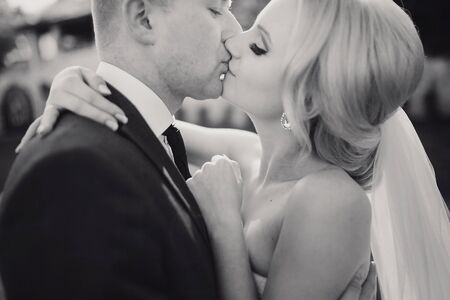 wonderful wedding day couple much happiness joy sun all in black and whiteの写真素材