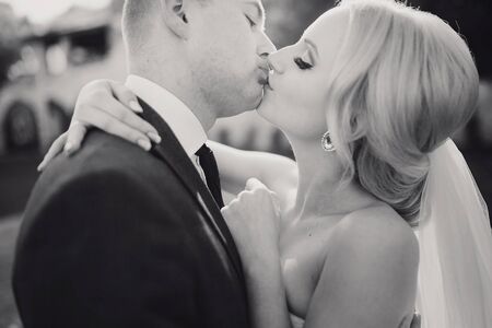 wonderful wedding day couple much happiness joy sun all in black and whiteの写真素材