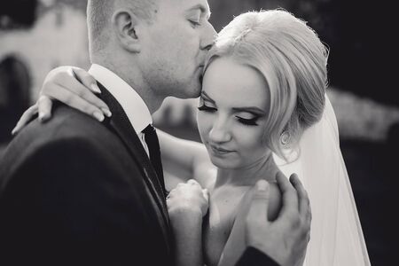 wonderful wedding day couple much happiness joy sun all in black and whiteの写真素材