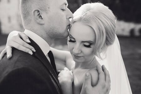 wonderful wedding day couple much happiness joy sun all in black and whiteの写真素材