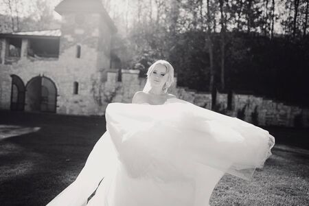 wonderful wedding day couple much happiness joy sun all in black and whiteの写真素材