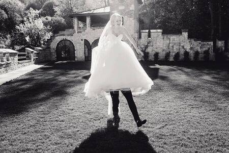 wonderful wedding day couple much happiness joy sun all in black and whiteの写真素材