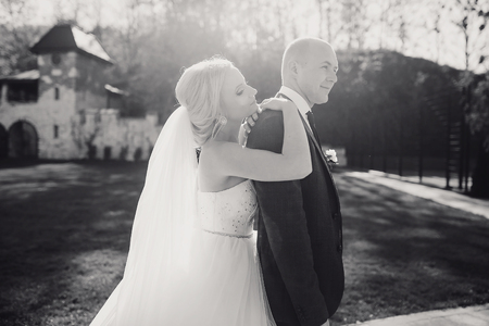 wonderful wedding day couple much happiness joy sun all in black and whiteの写真素材