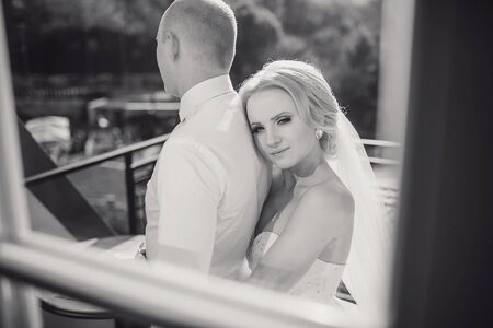 wonderful wedding day couple much happiness joy sun all in black and whiteの写真素材