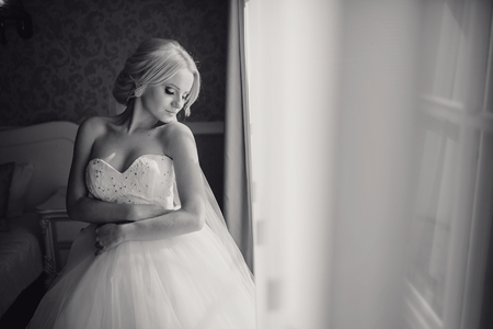 wonderful wedding day couple much happiness joy sun all in black and whiteの写真素材