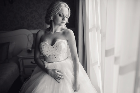 wonderful wedding day couple much happiness joy sun all in black and whiteの写真素材