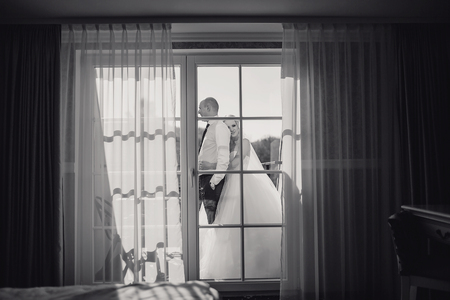 wonderful wedding day couple much happiness joy sun all in black and whiteの写真素材