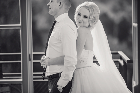 wonderful wedding day couple much happiness joy sun all in black and whiteの写真素材