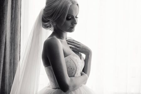 wonderful wedding day couple much happiness joy sun all in black and whiteの写真素材
