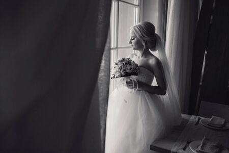 wonderful wedding day couple much happiness joy sun all in black and whiteの写真素材