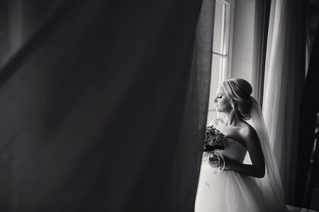 wonderful wedding day couple much happiness joy sun all in black and whiteの写真素材