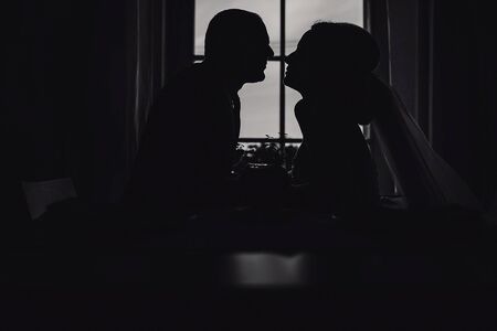 wonderful wedding day couple much happiness joy sun all in black and whiteの写真素材