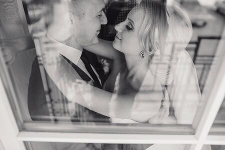wonderful wedding day couple much happiness joy sun all in black and whiteの写真素材