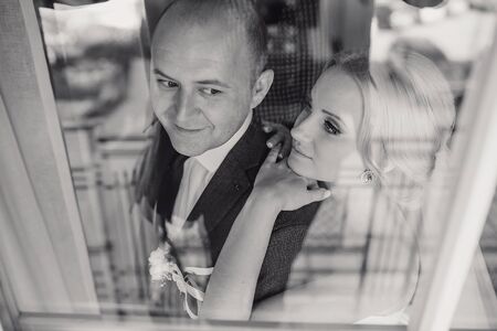 wonderful wedding day couple much happiness joy sun all in black and whiteの写真素材