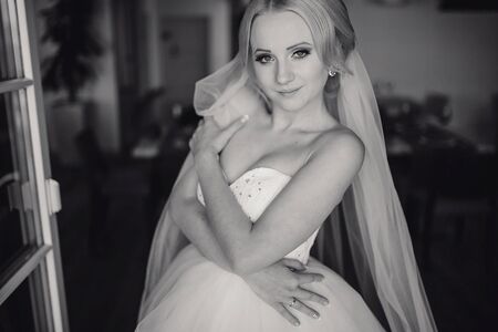 wonderful wedding day couple much happiness joy sun all in black and whiteの写真素材