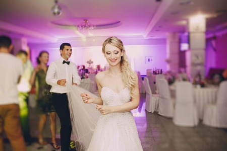 brides wedding party in the elegant restaurant with a wonderful light and atmosphereの写真素材