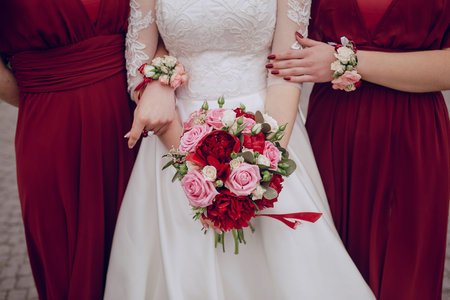 Wedding flowers in a beautiful bouquet bride and bridesmaidの写真素材