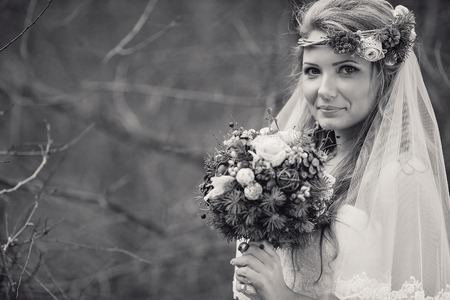 charming wedding couple celebrate their wedding day in Odessa winterの写真素材