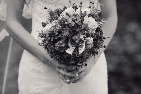 charming wedding couple celebrate their wedding day in Odessa winterの写真素材