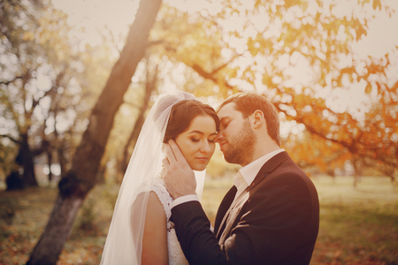 Happy couple whose wedding photo shoot in a golden autumnの写真素材