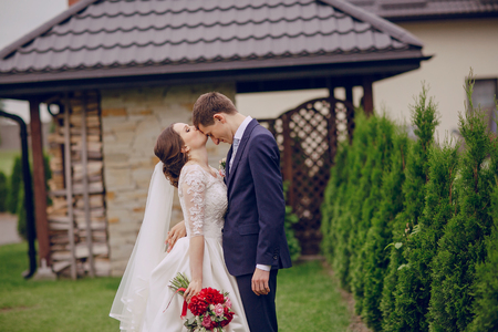 beautiful happy couple on their wedding enjoying this momentの写真素材