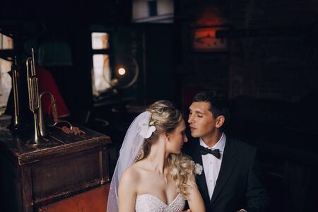 lovely wedding couple walking on their wedding dayの写真素材
