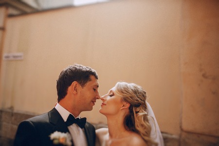 lovely wedding couple walking on their wedding dayの写真素材