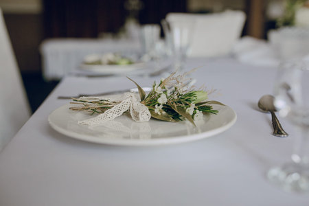 serving wedding table in restaurant white cups
