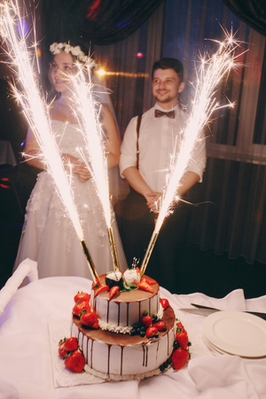 Wedding couple cut a cake in a restaurantの写真素材