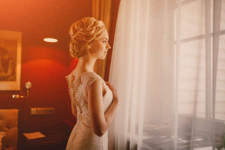 lovely blond summer wedding couple in sunny weatherの写真素材