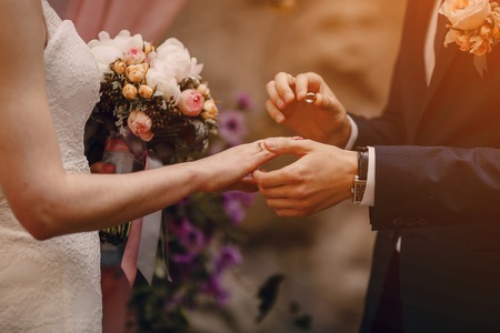 lovely blond summer wedding couple in sunny weatherの写真素材