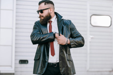 business man checking objects in glasses shirtの写真素材