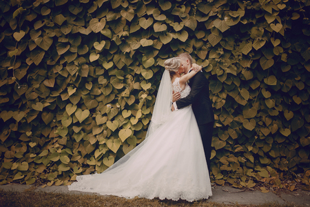 beautiful blond wedding couple walking on reserveの写真素材
