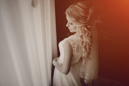 wedding day young couple with a brilliant golden autumnの写真素材