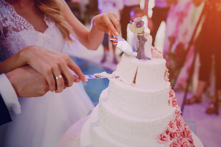 happi bride cut a wedding cake HDの写真素材