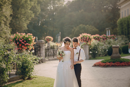 charming wedding in the old castle architecture Poland nature and the sunの写真素材