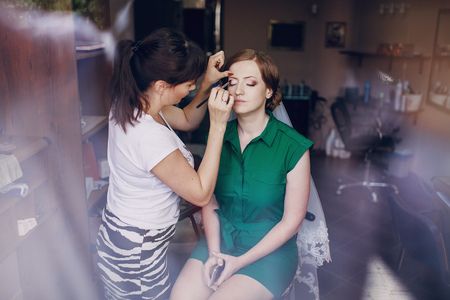 morning in the beauty salon where they make excellent makeup brideの写真素材