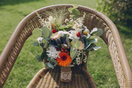 wonderful wedding bouquet for the bride on her wedding day happinessの写真素材