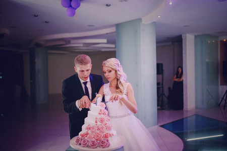 bride cut a wedding cake HD in restorauntの写真素材