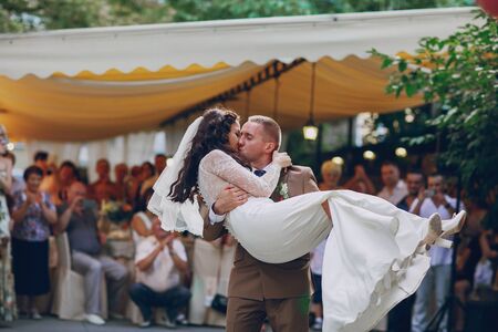 authentic wedding wonderful young couple with incredible sceneryの写真素材