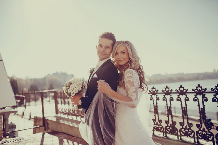 charming wedding in the old castle architecturenature and the sunの写真素材